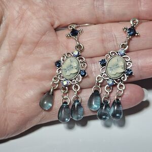**Final Sale** Silver Tone Blue Butterfly Cameo Chandelier Blue Glass Earrings